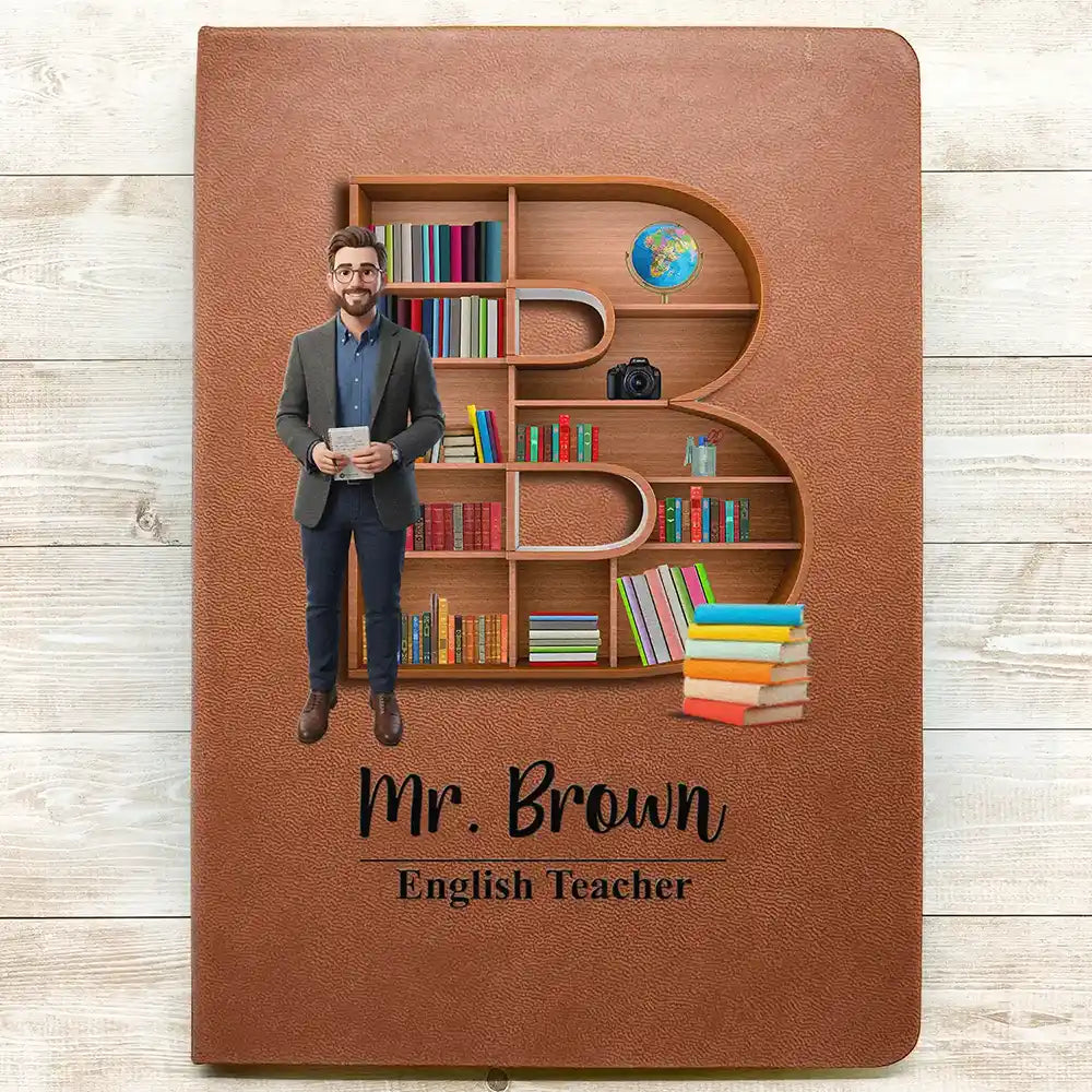 Art Design,Teacher,Back To School,Proud,Photo - Cartoon Portrait - Custom Photo Cartoon Portrait Teacher Alphabet Bookshelf Letter - Personalized Leather Journal