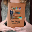 Art Design,Teacher,Back To School,Proud,Photo - Cartoon Portrait - Custom Photo Cartoon Portrait Teacher Alphabet Bookshelf Letter - Personalized Leather Journal