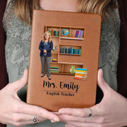 Art Design,Teacher,Back To School,Proud,Photo - Cartoon Portrait - Custom Photo Cartoon Portrait Teacher Alphabet Bookshelf Letter - Personalized Leather Journal