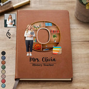 Art Design,Teacher,Back To School,Proud,Photo - Cartoon Portrait - Custom Photo Cartoon Portrait Teacher Alphabet Bookshelf Letter - Personalized Leather Journal
