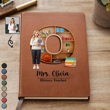 Custom Photo Cartoon Portrait Teacher Alphabet Bookshelf Letter - Personalized Leather Journal