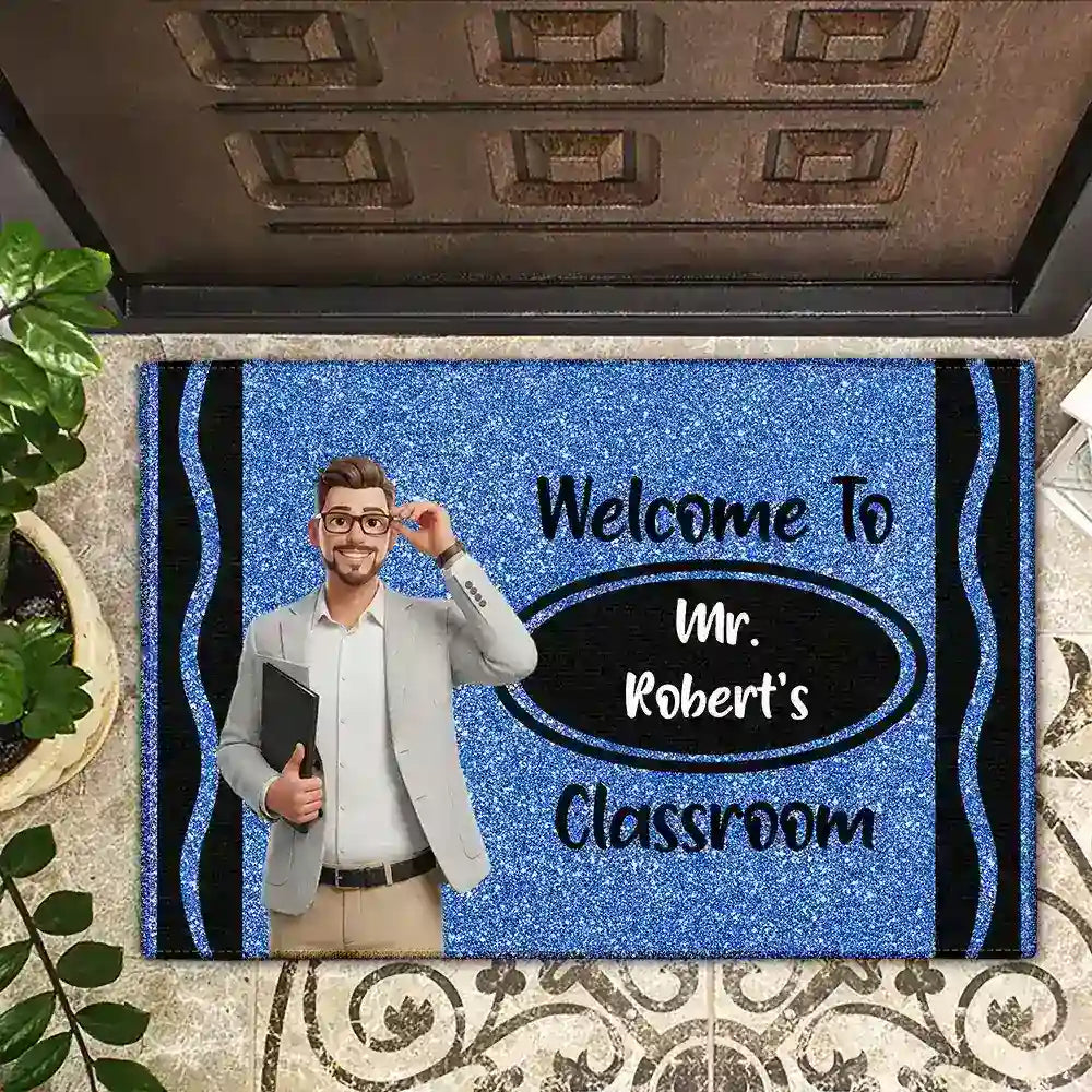 Art Design,Teacher,Inspirational,Back To School,Photo - Cartoon Portrait - Custom Photo Cartoon Portrait Teacher Classroom Glitter Effect - Personalized Doormat