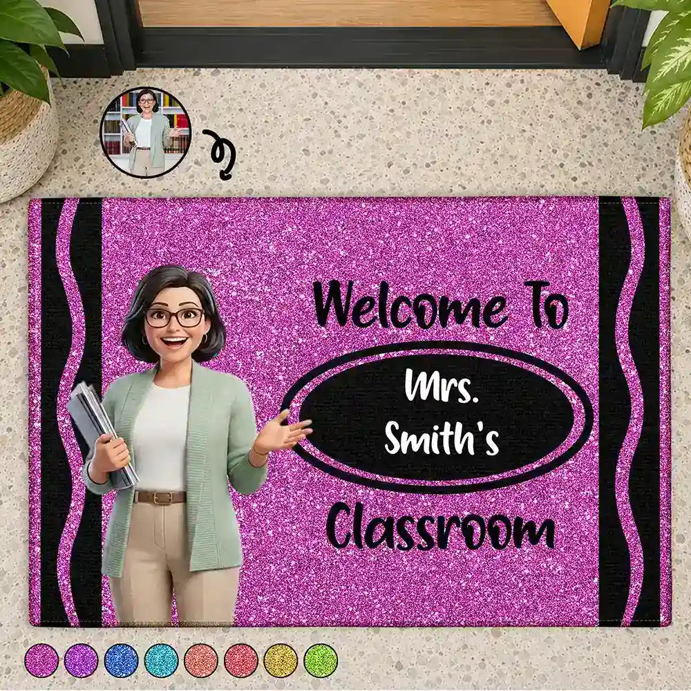 Art Design,Teacher,Inspirational,Back To School,Photo - Cartoon Portrait - Custom Photo Cartoon Portrait Teacher Classroom Glitter Effect - Personalized Doormat