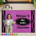 Art Design,Teacher,Inspirational,Back To School,Photo - Cartoon Portrait - Custom Photo Cartoon Portrait Teacher Classroom Glitter Effect - Personalized Doormat