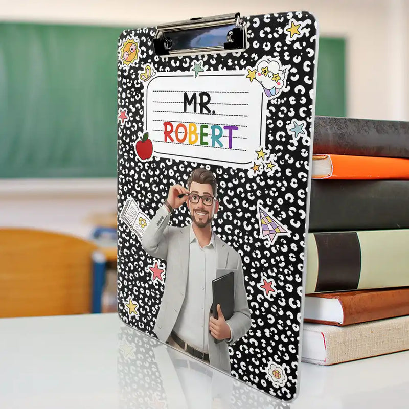 Art Design,Teacher,Confident,Back To School,Photo - Cartoon Portrait - Custom Photo Cartoon Portrait Teacher Composition Notebook - Personalized Acrylic Clipboard