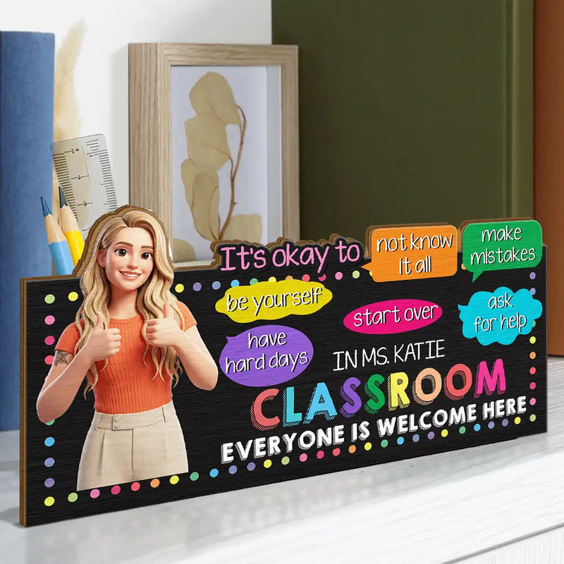 Art Design,Teacher,Inspirational,Back To School,Photo - Cartoon Portrait - Custom Photo Cartoon Portrait Teacher Everyone Is Welcome Here - Personalized Wooden Pen Pencil Holder