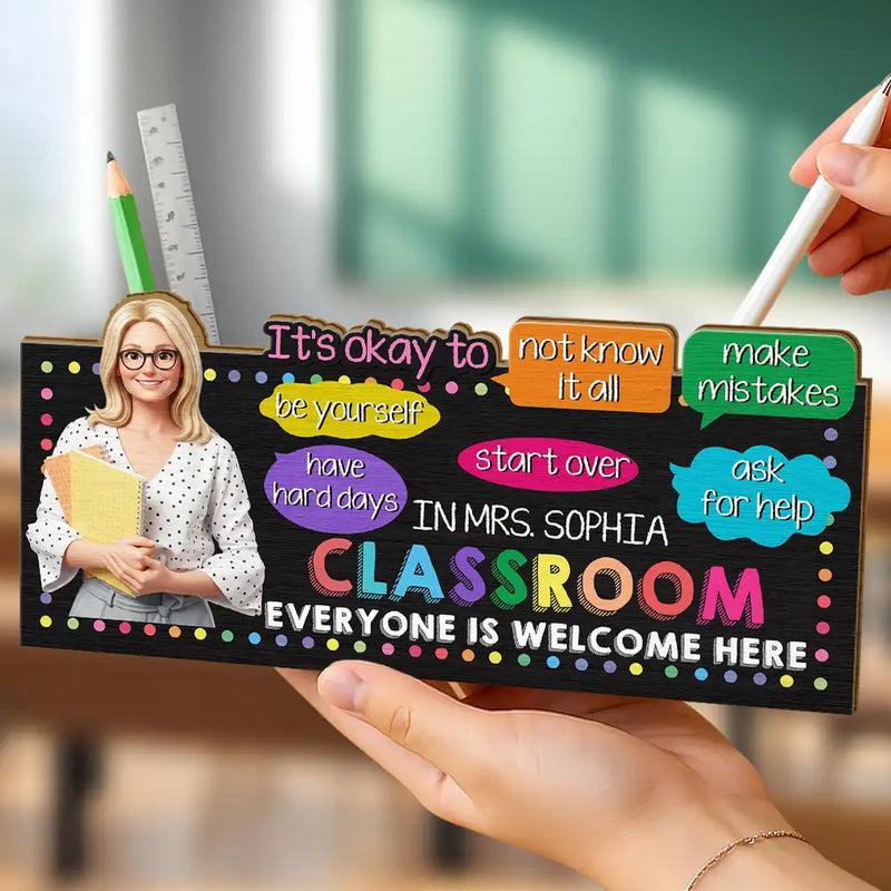 Art Design,Teacher,Inspirational,Back To School,Photo - Cartoon Portrait - Custom Photo Cartoon Portrait Teacher Everyone Is Welcome Here - Personalized Wooden Pen Pencil Holder