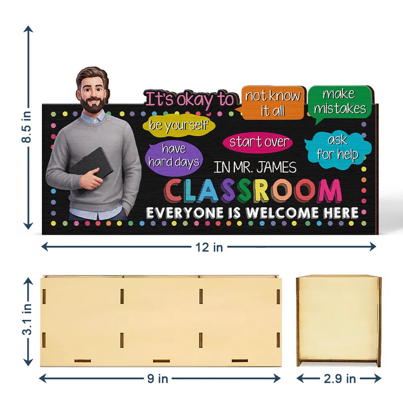 Art Design,Teacher,Inspirational,Back To School,Photo - Cartoon Portrait - Custom Photo Cartoon Portrait Teacher Everyone Is Welcome Here - Personalized Wooden Pen Pencil Holder
