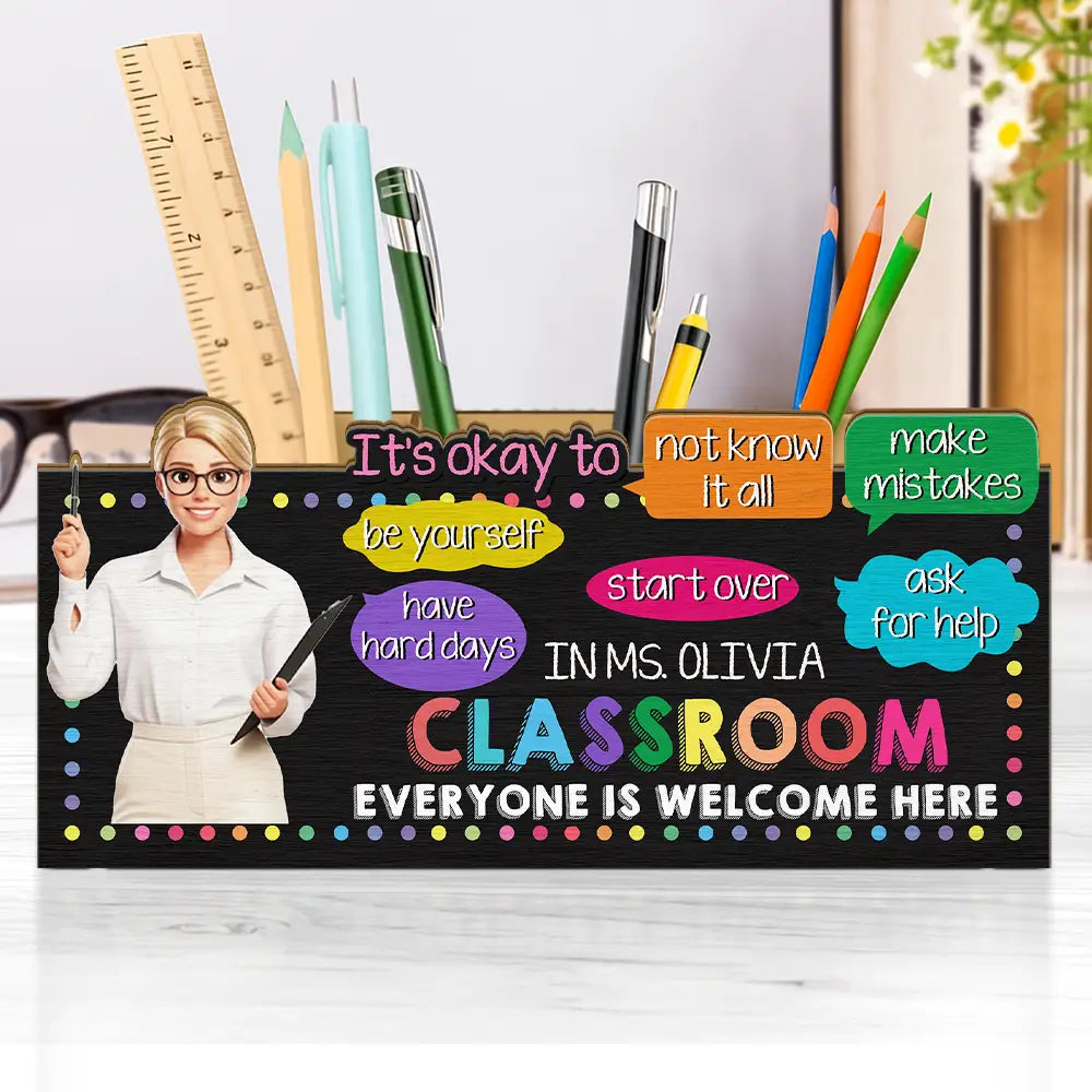 Custom Photo Cartoon Portrait Teacher Everyone Is Welcome Here - Personalized Wooden Pen Pencil Holder
