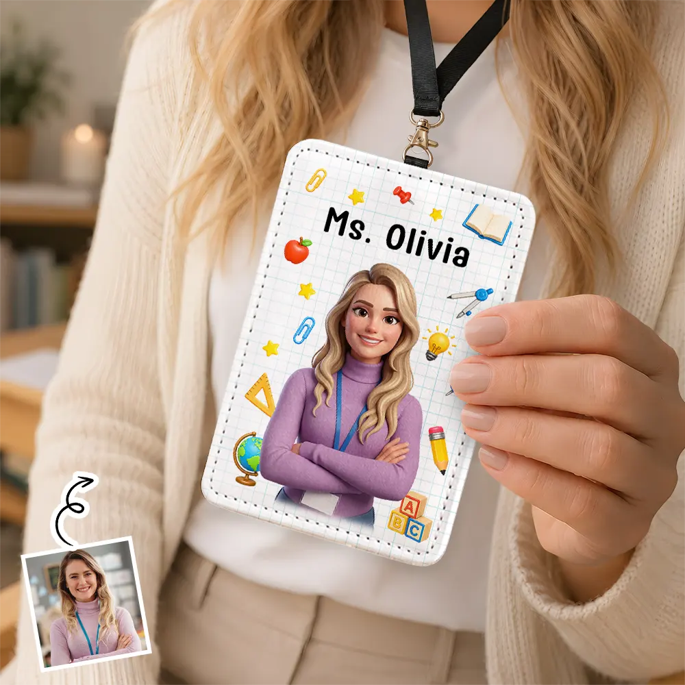 Custom Photo Cartoon Portrait Teacher Ready For School - Personalized Badge Holder