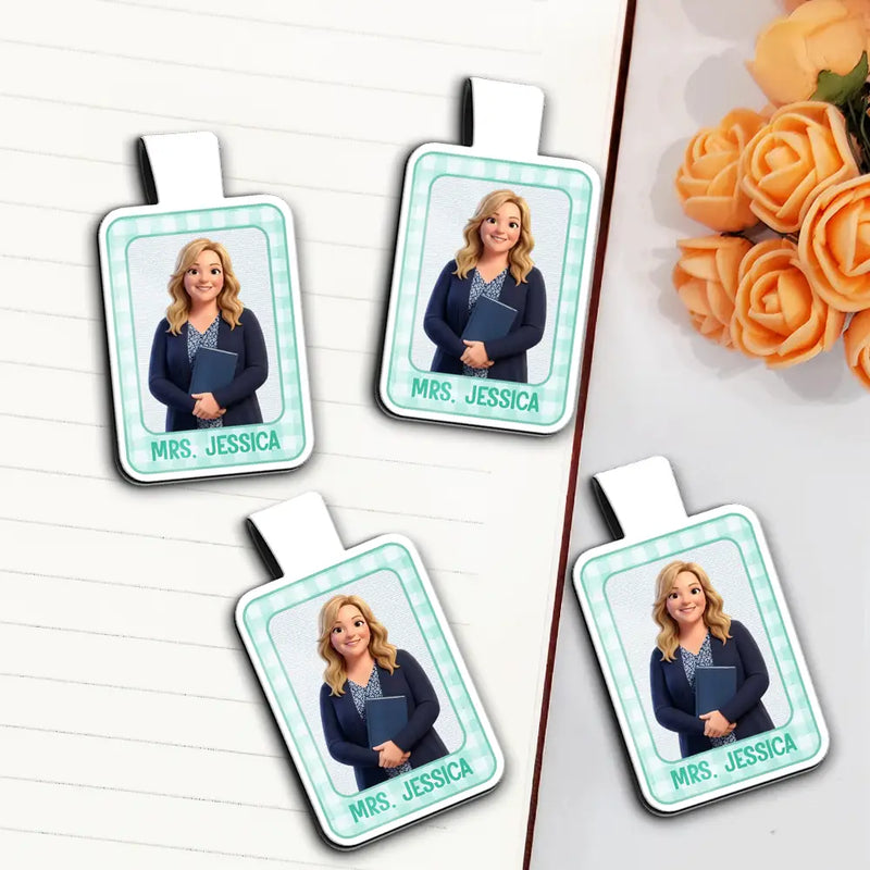 Grateful,Art Design,Teacher,Back To School,Reading,Photo - Cartoon Portrait - Custom Photo Cartoon Portrait Teacher Striped Pattern - Personalized Custom Shaped Magnetic Bookmark Clip