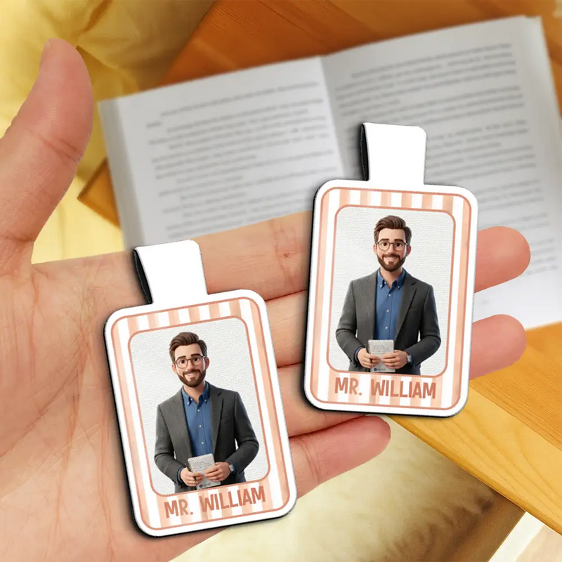 Grateful,Art Design,Teacher,Back To School,Reading,Photo - Cartoon Portrait - Custom Photo Cartoon Portrait Teacher Striped Pattern - Personalized Custom Shaped Magnetic Bookmark Clip