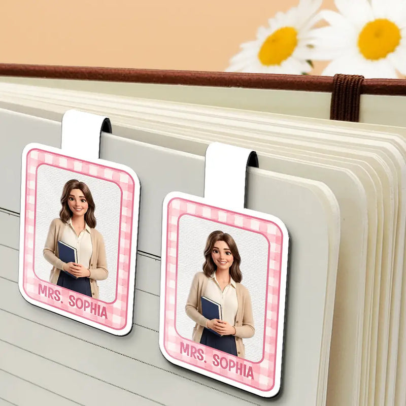 Grateful,Art Design,Teacher,Back To School,Reading,Photo - Cartoon Portrait - Custom Photo Cartoon Portrait Teacher Striped Pattern - Personalized Custom Shaped Magnetic Bookmark Clip