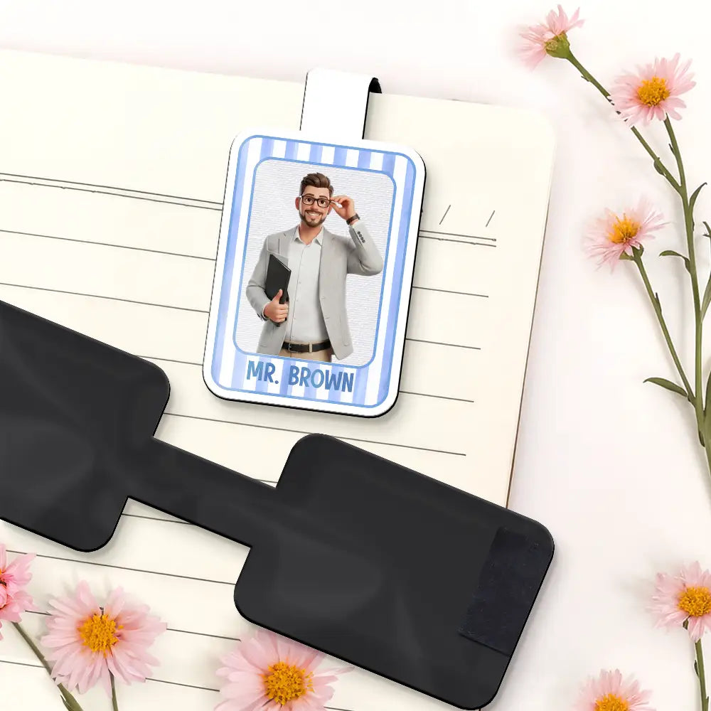 Grateful,Art Design,Teacher,Back To School,Reading,Photo - Cartoon Portrait - Custom Photo Cartoon Portrait Teacher Striped Pattern - Personalized Custom Shaped Magnetic Bookmark Clip