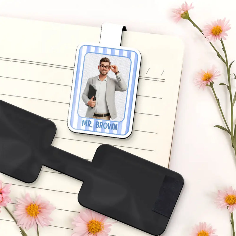 Grateful,Art Design,Teacher,Back To School,Reading,Photo - Cartoon Portrait - Custom Photo Cartoon Portrait Teacher Striped Pattern - Personalized Custom Shaped Magnetic Bookmark Clip