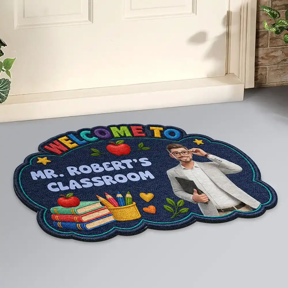 Art Design,Teacher,Inspirational,Back To School,Photo - Cartoon Portrait - Custom Photo Cartoon Portrait Teacher Welcome To Classroom Faux Embroidery Effect - Personalized Custom Shaped Doormat