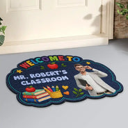 Art Design,Teacher,Inspirational,Back To School,Photo - Cartoon Portrait - Custom Photo Cartoon Portrait Teacher Welcome To Classroom Faux Embroidery Effect - Personalized Custom Shaped Doormat