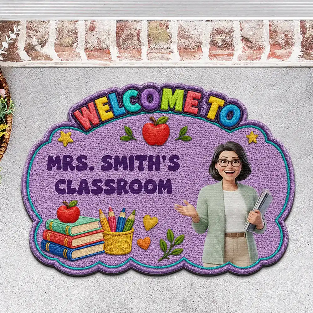 Art Design,Teacher,Inspirational,Back To School,Photo - Cartoon Portrait - Custom Photo Cartoon Portrait Teacher Welcome To Classroom Faux Embroidery Effect - Personalized Custom Shaped Doormat