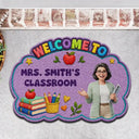 Art Design,Teacher,Inspirational,Back To School,Photo - Cartoon Portrait - Custom Photo Cartoon Portrait Teacher Welcome To Classroom Faux Embroidery Effect - Personalized Custom Shaped Doormat