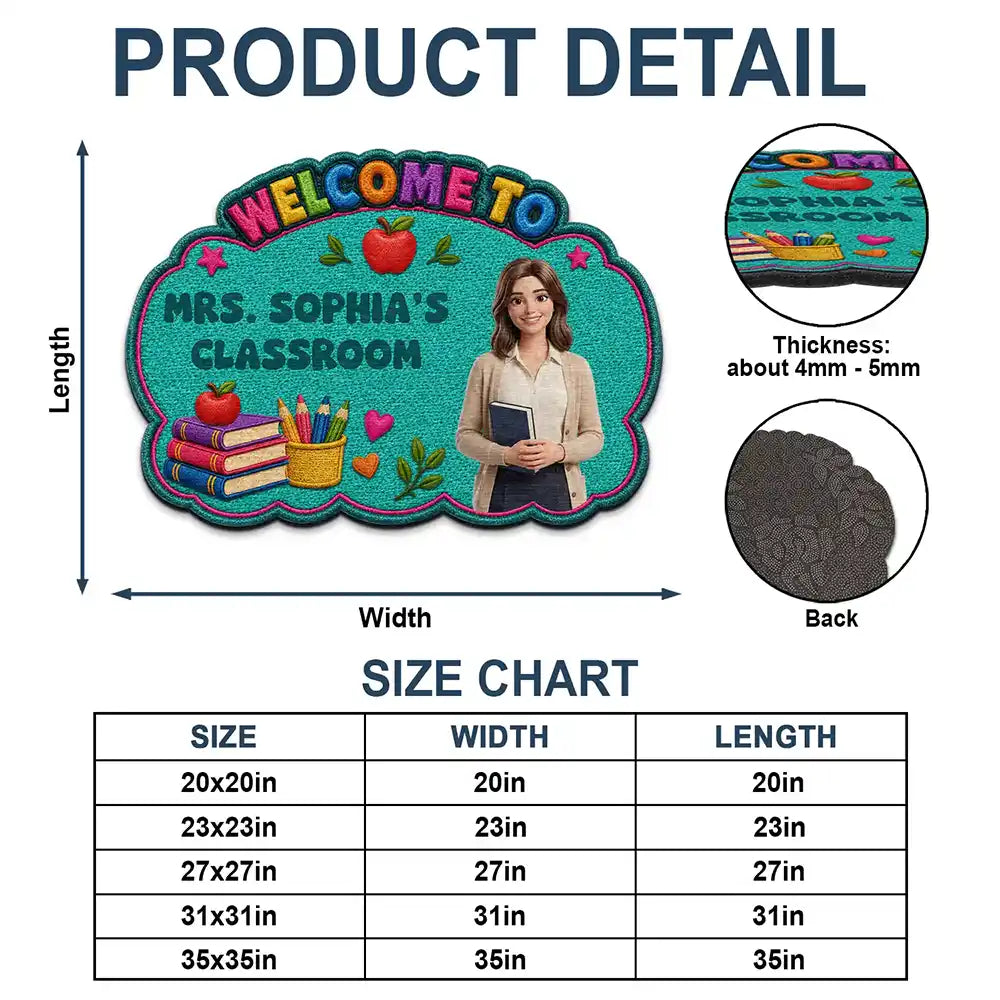 Art Design,Teacher,Inspirational,Back To School,Photo - Cartoon Portrait - Custom Photo Cartoon Portrait Teacher Welcome To Classroom Faux Embroidery Effect - Personalized Custom Shaped Doormat