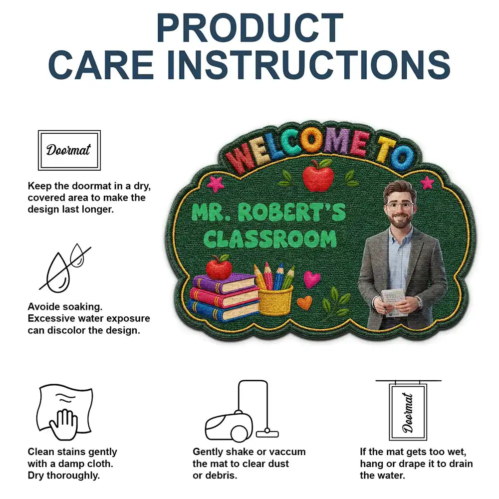 Art Design,Teacher,Inspirational,Back To School,Photo - Cartoon Portrait - Custom Photo Cartoon Portrait Teacher Welcome To Classroom Faux Embroidery Effect - Personalized Custom Shaped Doormat