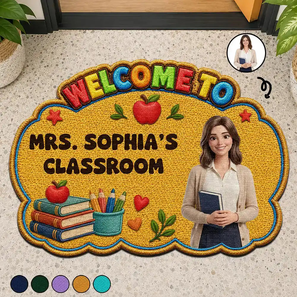 Art Design,Teacher,Inspirational,Back To School,Photo - Cartoon Portrait - Custom Photo Cartoon Portrait Teacher Welcome To Classroom Faux Embroidery Effect - Personalized Custom Shaped Doormat