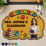 Art Design,Teacher,Inspirational,Back To School,Photo - Cartoon Portrait - Custom Photo Cartoon Portrait Teacher Welcome To Classroom Faux Embroidery Effect - Personalized Custom Shaped Doormat