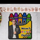 Top Market, Art Design, Teacher, Inspirational, Back To School, Photo - Cartoon Portrait, Alternating Color Text - Custom Photo Cartoon Portrait Teacher Welcome To Classroom Faux Yarn Pattern Crayon Box - Personalized Custom Shaped Doormat