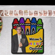 Top Market, Art Design, Teacher, Inspirational, Back To School, Photo - Cartoon Portrait, Alternating Color Text - Custom Photo Cartoon Portrait Teacher Welcome To Classroom Faux Yarn Pattern Crayon Box - Personalized Custom Shaped Doormat