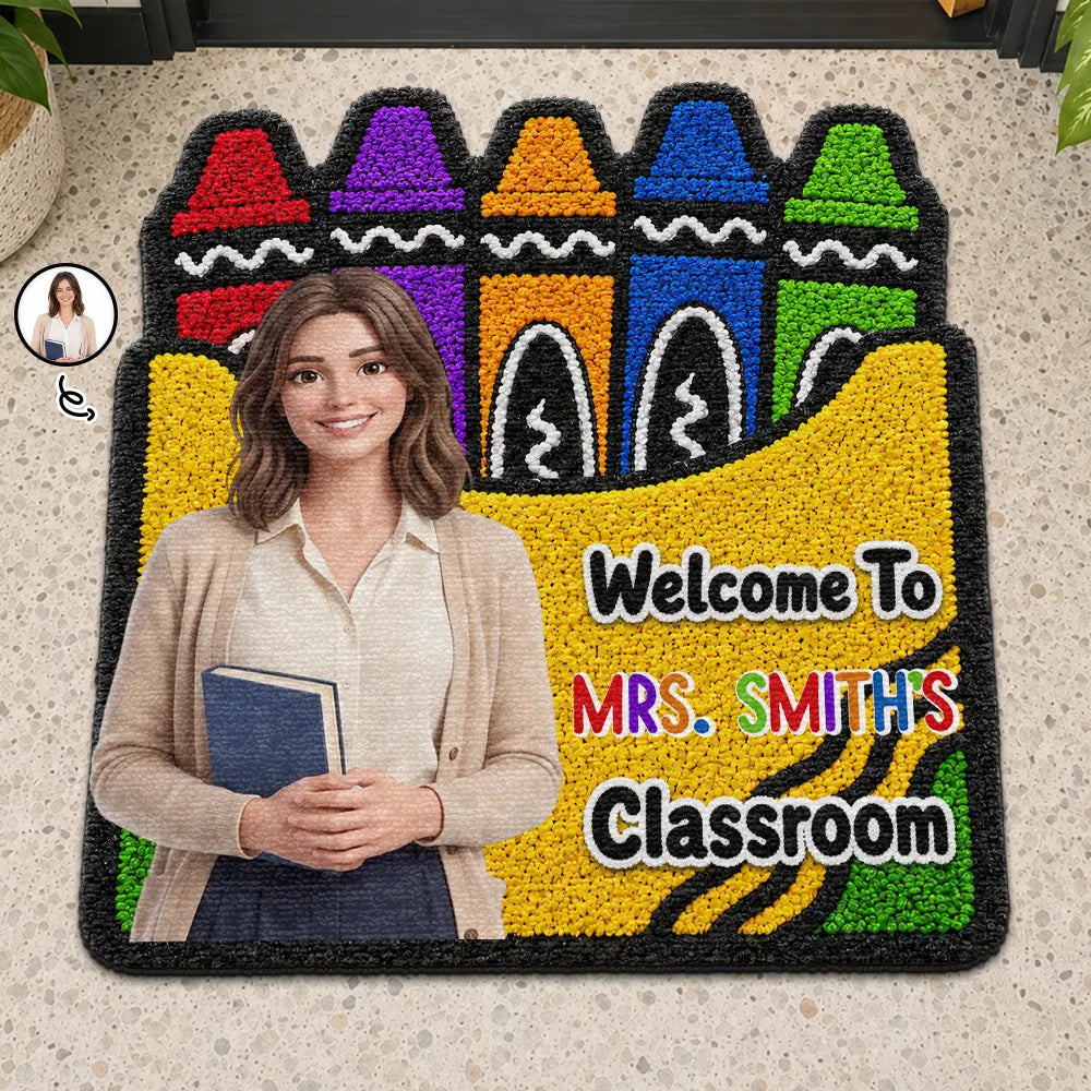 Custom Photo Cartoon Portrait Teacher Welcome To Classroom Faux Yarn Pattern Crayon Box - Personalized Custom Shaped Doormat