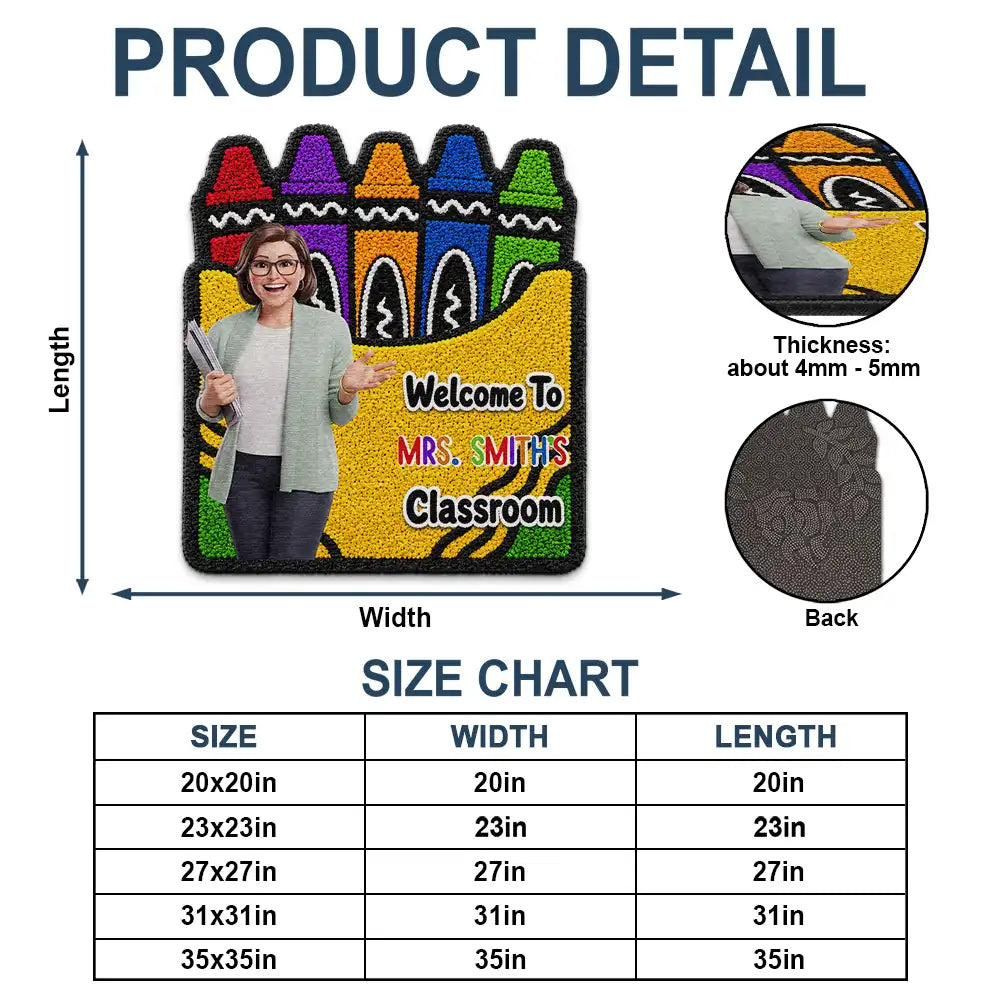 Top Market, Art Design, Teacher, Inspirational, Back To School, Photo - Cartoon Portrait, Alternating Color Text - Custom Photo Cartoon Portrait Teacher Welcome To Classroom Faux Yarn Pattern Crayon Box - Personalized Custom Shaped Doormat