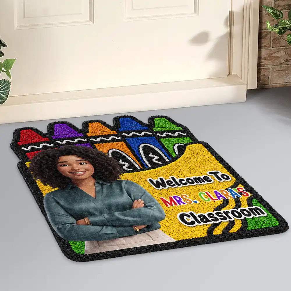 Top Market, Art Design, Teacher, Inspirational, Back To School, Photo - Cartoon Portrait, Alternating Color Text - Custom Photo Cartoon Portrait Teacher Welcome To Classroom Faux Yarn Pattern Crayon Box - Personalized Custom Shaped Doormat
