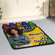 Top Market, Art Design, Teacher, Inspirational, Back To School, Photo - Cartoon Portrait, Alternating Color Text - Custom Photo Cartoon Portrait Teacher Welcome To Classroom Faux Yarn Pattern Crayon Box - Personalized Custom Shaped Doormat