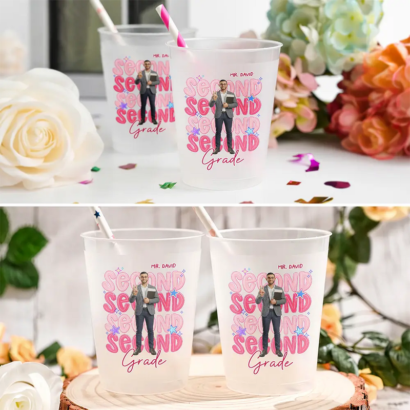 Adorable,Art Design,Teacher,Back To School,Photo - Cartoon Portrait - Custom Photo Cartoon Portrait Teacher Welcome To School - Personalized Frosted Cups