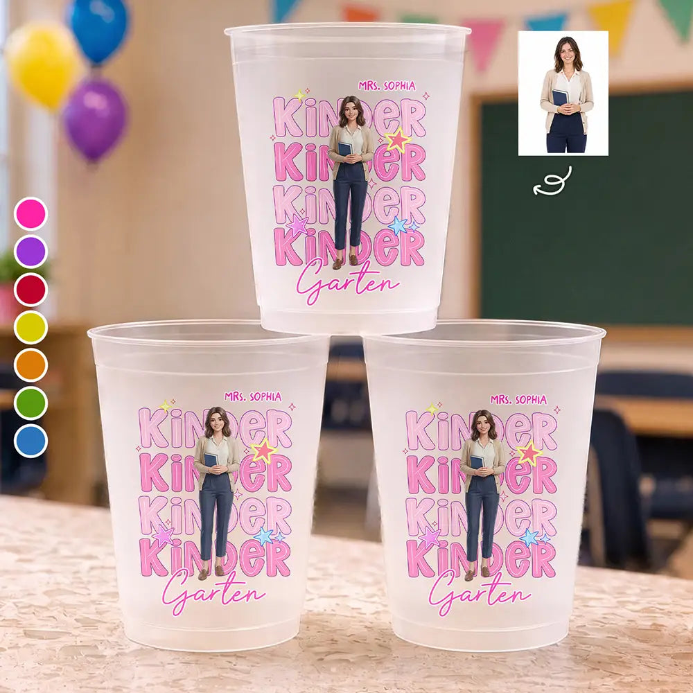 Adorable,Art Design,Teacher,Back To School,Photo - Cartoon Portrait - Custom Photo Cartoon Portrait Teacher Welcome To School - Personalized Frosted Cups