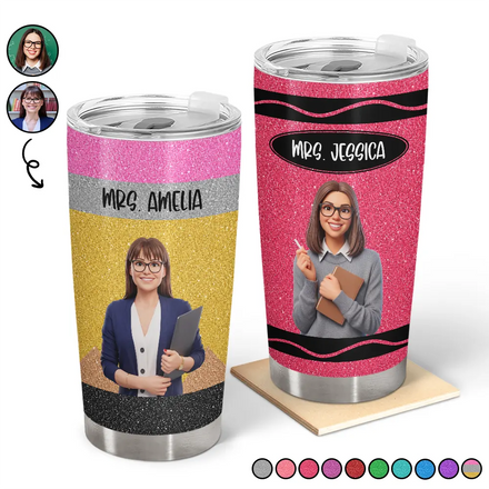 Custom Photo Cartoon Portrait Teacher With Colorful Crayon - Personalized Tumbler