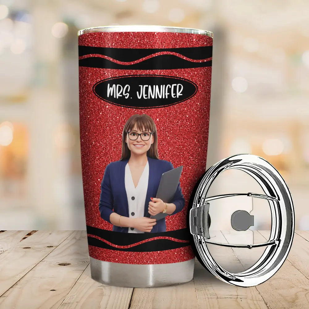 Adorable, Art Design, Teacher, Back To School, Photo - Cartoon Portrait - Custom Photo Cartoon Portrait Teacher With Colorful Crayon - Personalized Tumbler