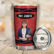 Adorable, Art Design, Teacher, Back To School, Photo - Cartoon Portrait - Custom Photo Cartoon Portrait Teacher With Colorful Crayon - Personalized Tumbler