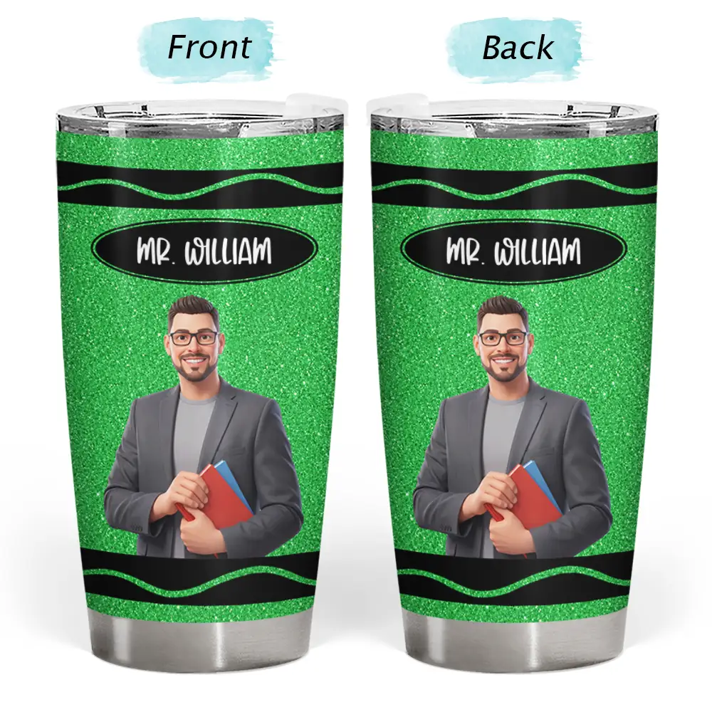 Adorable, Art Design, Teacher, Back To School, Photo - Cartoon Portrait - Custom Photo Cartoon Portrait Teacher With Colorful Crayon - Personalized Tumbler