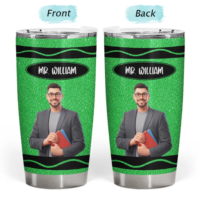 Adorable, Art Design, Teacher, Back To School, Photo - Cartoon Portrait - Custom Photo Cartoon Portrait Teacher With Colorful Crayon - Personalized Tumbler