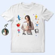 Adorable, Art Design, Teacher, Back To School, Photo - Cartoon Portrait - Custom Photo Cartoon Portrait Teacher With Happy School Supplies - Personalized T Shirt