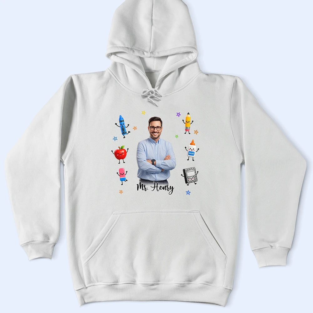 Adorable, Art Design, Teacher, Back To School, Photo - Cartoon Portrait - Custom Photo Cartoon Portrait Teacher With Happy School Supplies - Personalized T Shirt