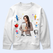 Adorable, Art Design, Teacher, Back To School, Photo - Cartoon Portrait - Custom Photo Cartoon Portrait Teacher With Happy School Supplies - Personalized T Shirt