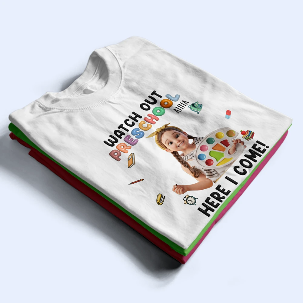 Back To School, Custom Photo, Art Design, Parents, Adorable, Photo - Cartoon Portrait - Custom Photo Cartoon Portrait Watch Out Kindergarten Here I Come - Personalized T Shirt