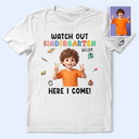 Back To School, Custom Photo, Art Design, Parents, Adorable, Photo - Cartoon Portrait - Custom Photo Cartoon Portrait Watch Out Kindergarten Here I Come - Personalized T Shirt
