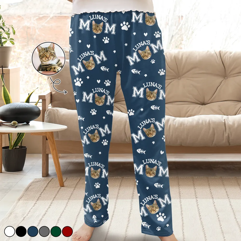 Custom Photo Cat Mom With Paw And Fish Pattern - Personalized Pajama Pants