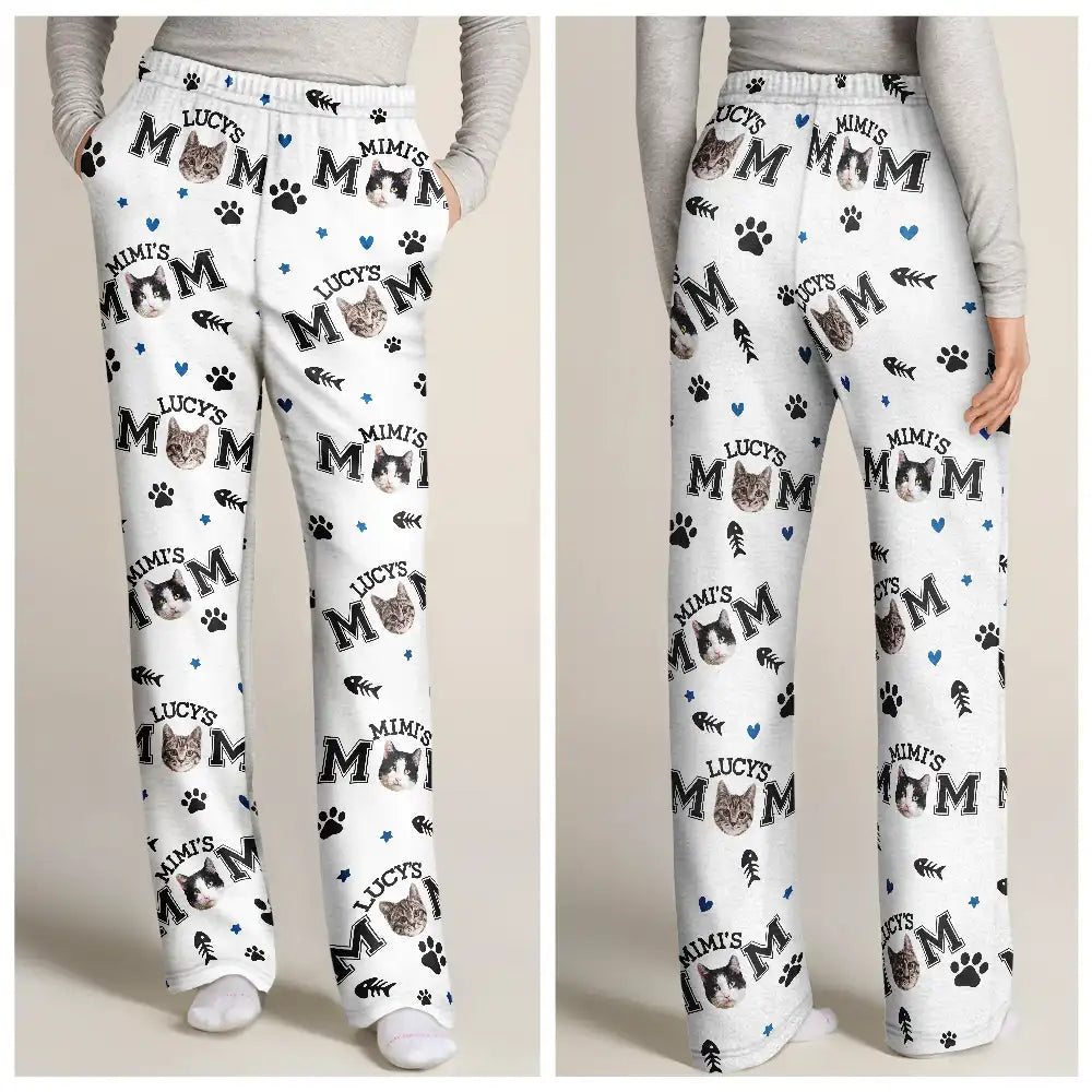 Cat Mom,Cat Lovers,Non-Eng - Custom Photo Cat Mom With Paw And Fish Pattern - Personalized Pajama Pants