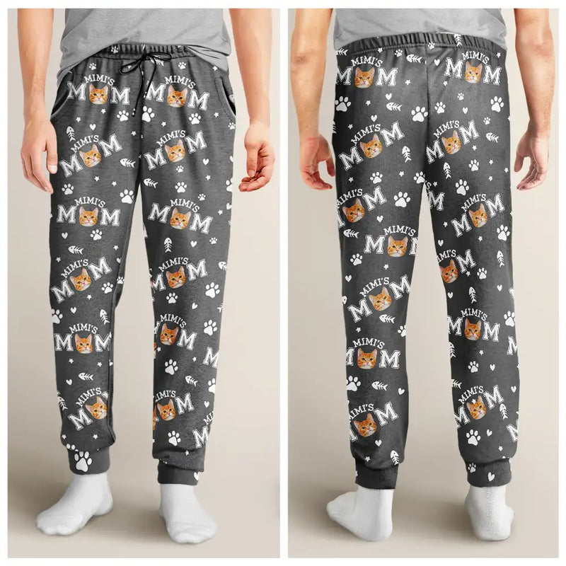 Cat Mom,Cat Lovers,Non-Eng - Custom Photo Cat Mom With Paw And Fish Pattern - Personalized Pajama Pants