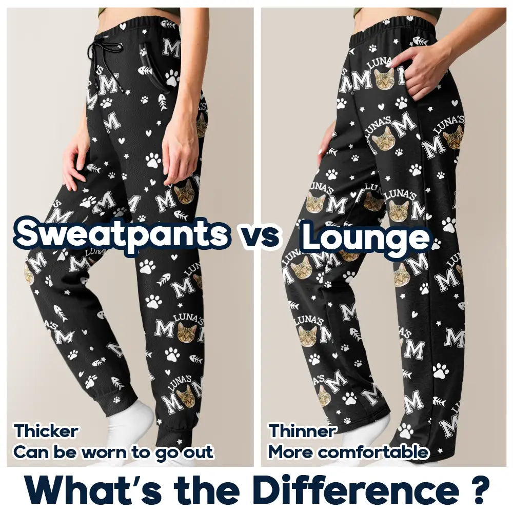 Cat Mom,Cat Lovers,Non-Eng - Custom Photo Cat Mom With Paw And Fish Pattern - Personalized Pajama Pants