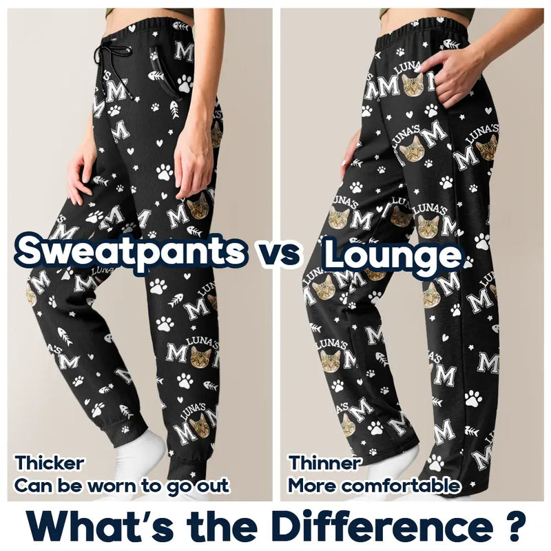 Cat Mom,Cat Lovers,Non-Eng - Custom Photo Cat Mom With Paw And Fish Pattern - Personalized Pajama Pants